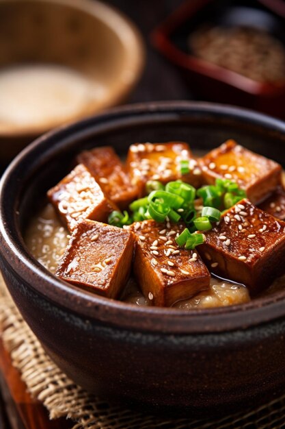 schaal tofu met sesamzaad en groene uien in een schaal generatieve ai