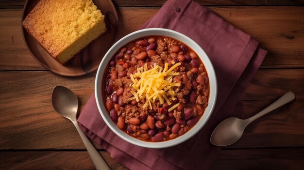 schaal zelfgemaakte chili met maïsbrood