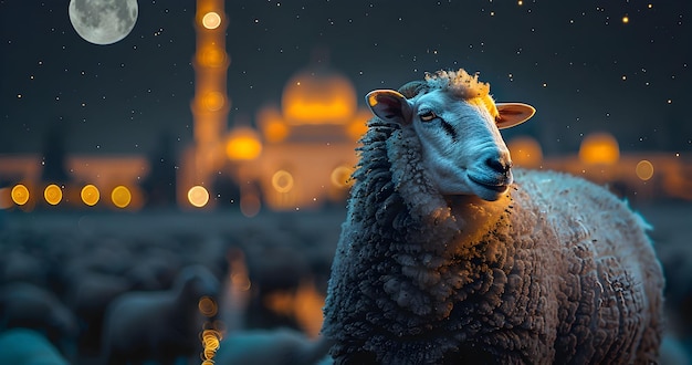 Schaap met bliksemachtergrond voor ontwerp Eid al Adha verkooppost voor sociale media