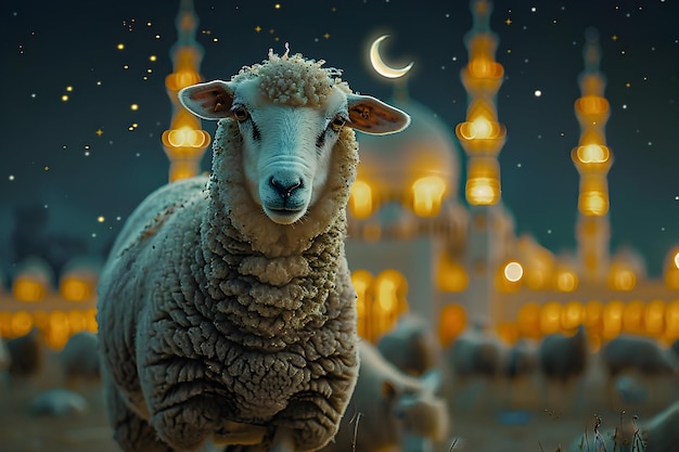 Schaap met moskee voor eid mubarak Eid al Adha banner of poster ontwerp