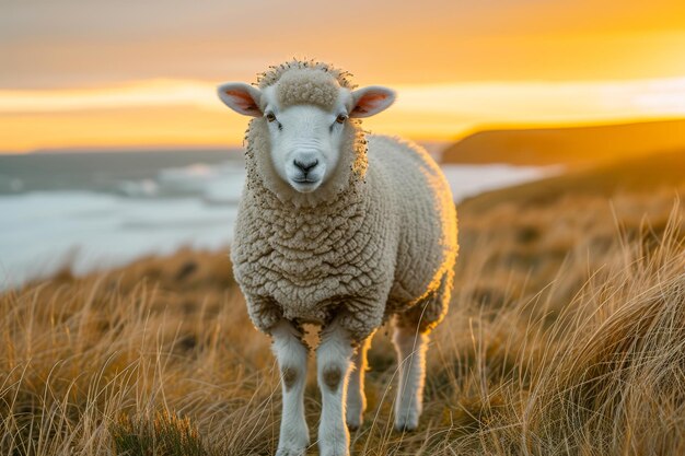 Schaap staat in het veld bij zonsondergang