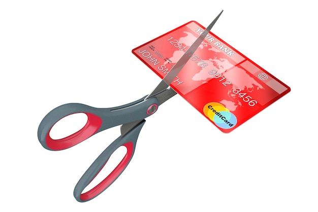 Foto schaar snijden creditcard op een witte achtergrond. 3d-rendering.