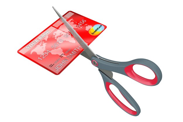 Schaar snijden creditcard op een witte achtergrond. 3D-rendering.