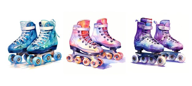 Foto schaatsen rolschaatsen paar ai gegenereerde wielen recreatieve activiteit leuk retro derby schaatsen rollen schaatsen paar illustratie waterverf