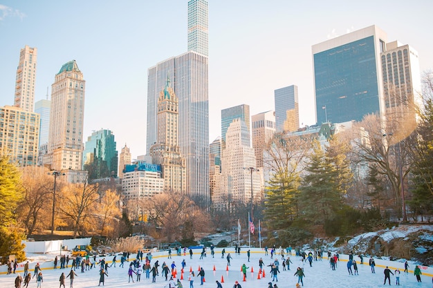 Schaatsers hebben plezier in New York Central Park buiten, VS