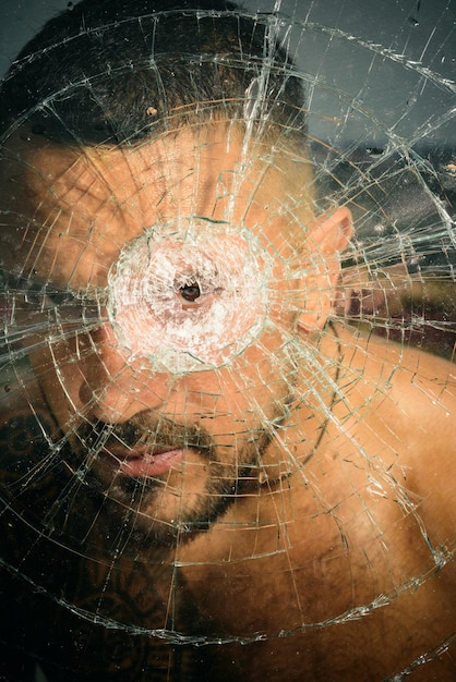 Schade. sexy Spaanse man gebroken spiegel. woede. verwoesting. crush-test. diefstal. emotionele ontlading. kogelgat in glas. gebroken glas als gevolg van hit. macho man achter gebroken glas, schade