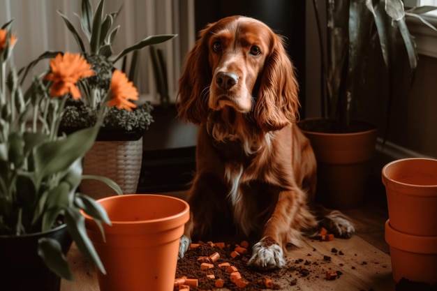 Schadelijke hond huisdier gebroken bloempotten generatieve ai