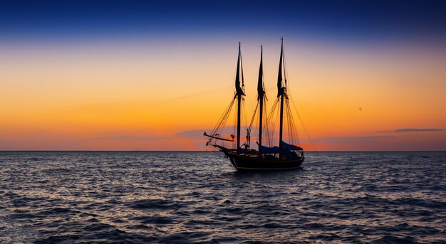 schaduw van een zeilschip op zee met een prachtige zonsondergang
