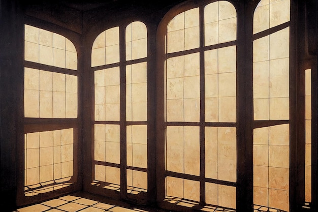 Schaduw van hoge glazen middeleeuwse deur in zonnestralen met dwarsbalken