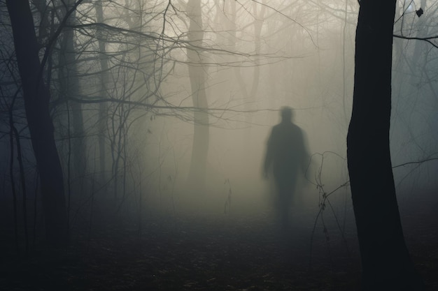 Schaduwfiguur op de loer in de mist Halloween horror achtergrond