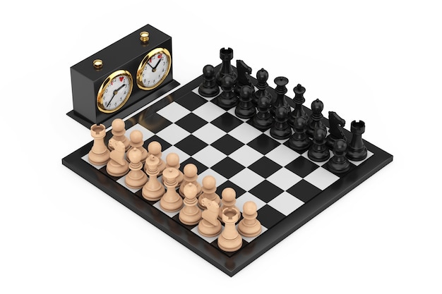 Schaken met schaakbord en schaakklok op een witte achtergrond. 3D-rendering