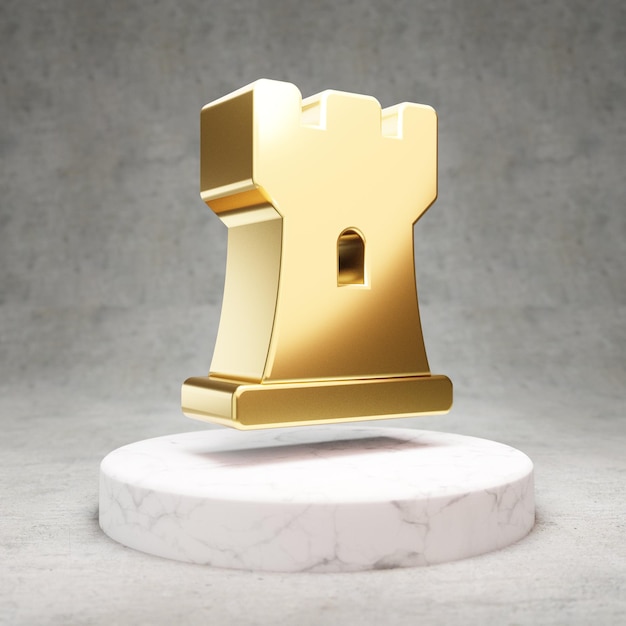 Schaken toren pictogram. Goud glanzend Chess Rook-symbool op wit marmeren podium. Modern icoon voor website, sociale media, presentatie, ontwerpsjabloonelement. 3D render.