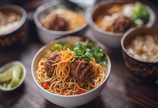 Schalen met Chinese noedels met gehaktballen en groenten op een houten tafel