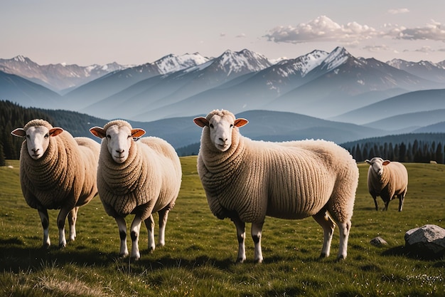 Schapen grazen in alpenweiden en eenheden met bergnatuur Generatieve AI