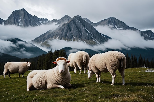 Schapen grazen in alpenweiden en eenheden met bergnatuur Generatieve AI