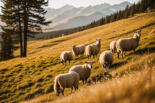 Schapen grazen in alpenweiden en eenheden met bergnatuur Generatieve AI