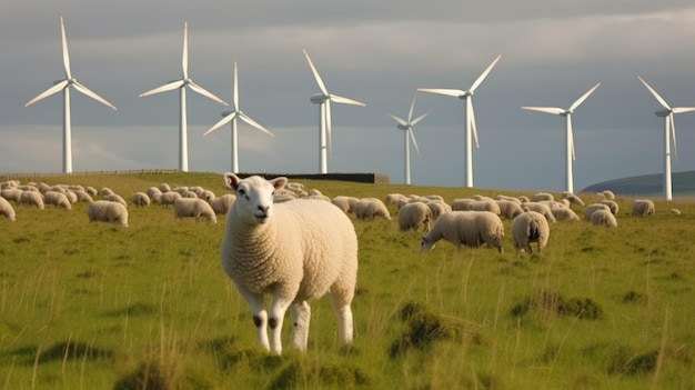 Schapen grazen in de buurt van windturbines op de berg Generative AI