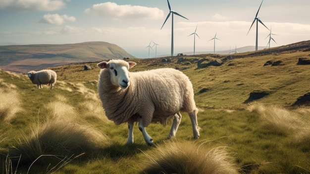 Schapen grazen in de buurt van windturbines op de berg Generative AI