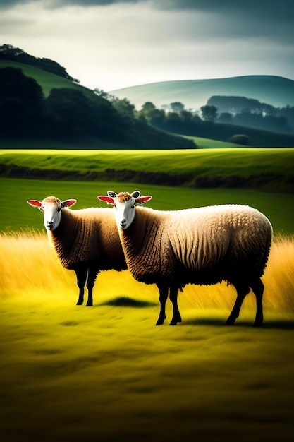 Foto schapen grazen in een grasveld platteland landschap