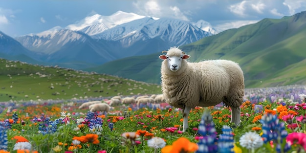 Schapen grazen in wilde bloemen Een prachtige tentoonstelling van kleurrijke harmonie met de natuur Concept Natuurfotografie Landschapskunst Wilderheid Wonderen Bloemelijke Pracht Dierenontmoetingen