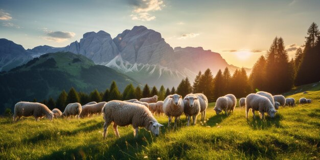 Schapen grazen op een weide tegen de achtergrond van bergen Generatieve AI