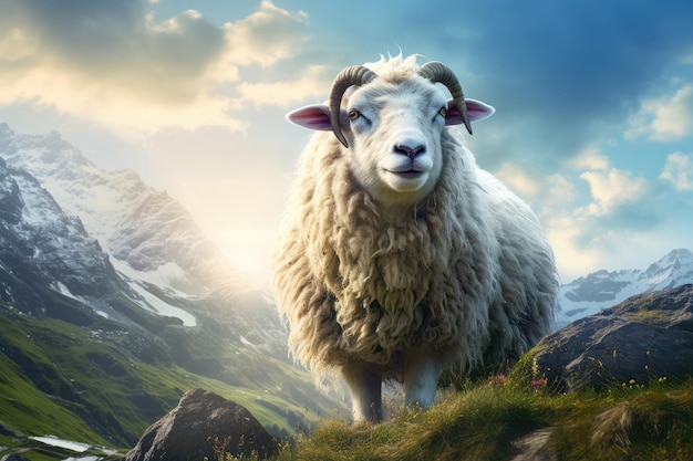 Schapen op de achtergrond van hoge bergen Prachtig landschap met schapen