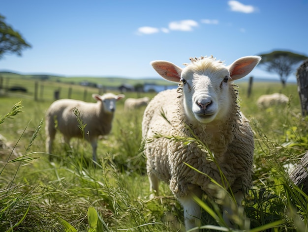 Schapen op de achtergrond van weiden en andere schapen Generatieve AI