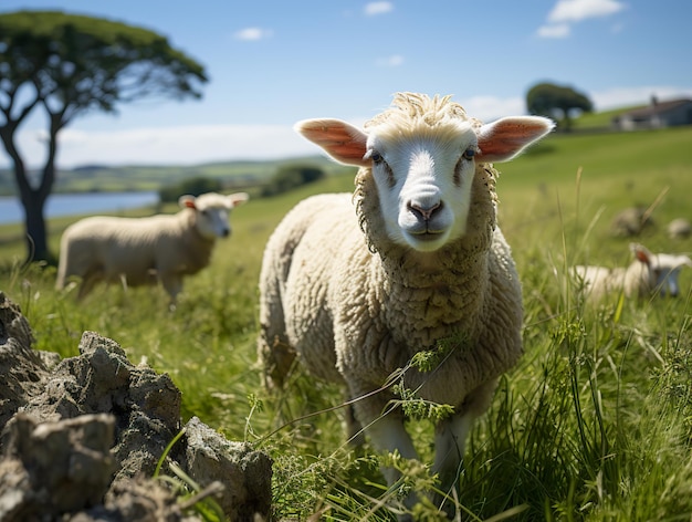 Schapen op de achtergrond van weiland en andere schapen Generatieve AI