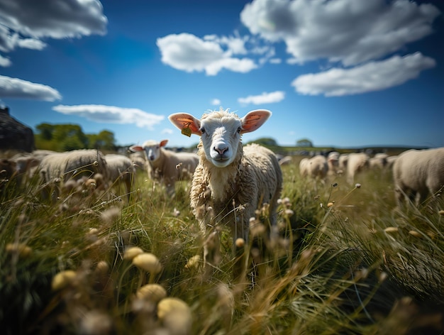 Schapen op de achtergrond van weiland en andere schapen Generatieve AI