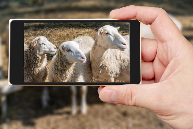 Schapen op smartphonescherm Schapenhuisdieren op de boerderij