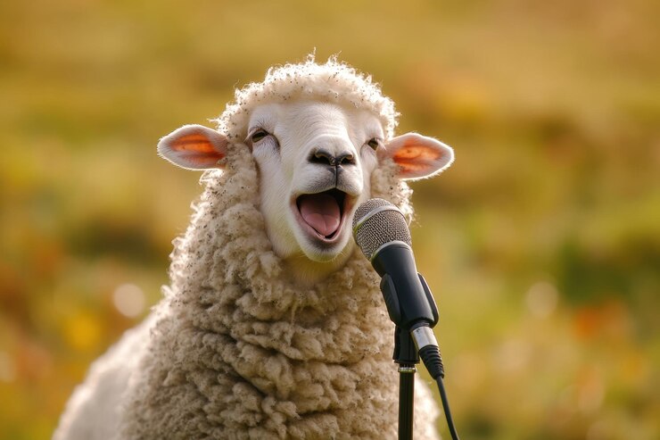 Schapen optreden in de natuur met een microfoon tijdens een zonnige middag met een vreugdevolle uitdrukking en een landelijk landschap Generatieve AI