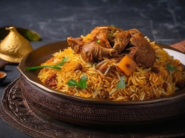 Schapenbiryani met een kom rijst en een kom eten op tafel