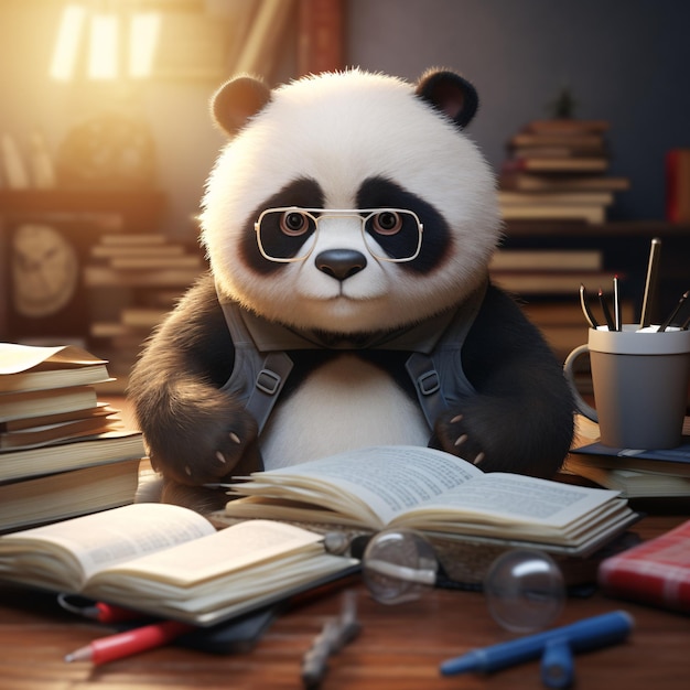 Foto schattig 3d-pandakarakter dat verzameling schattige afbeeldingen bestudeert