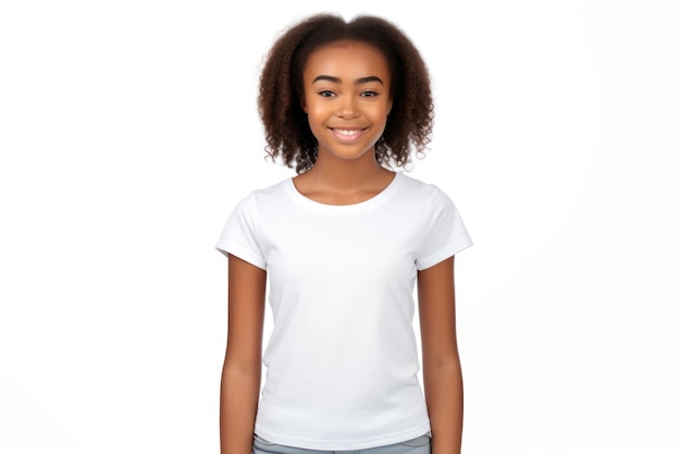 Schattig Afrikaans Amerikaans meisje model met zwart krullend haar in wit T-shirt op witte achtergrond Kopieer ruimte
