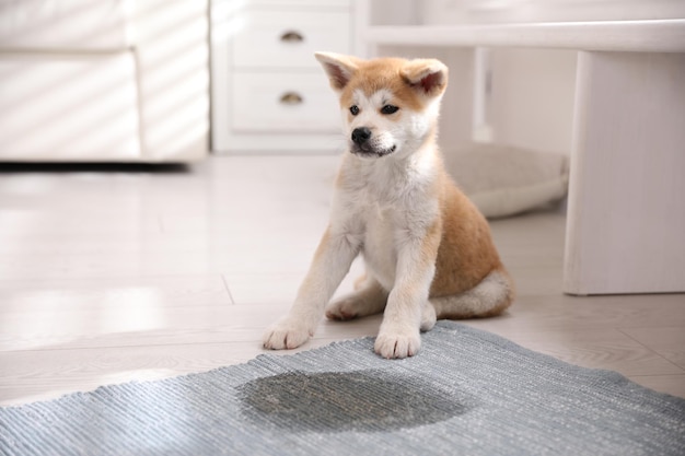 Schattig akita inu puppy in de buurt van plas op tapijt thuis