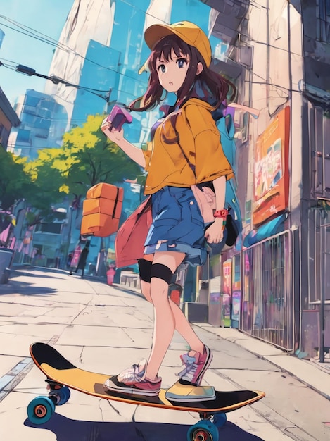 schattig anime meisje skateboarden op straat