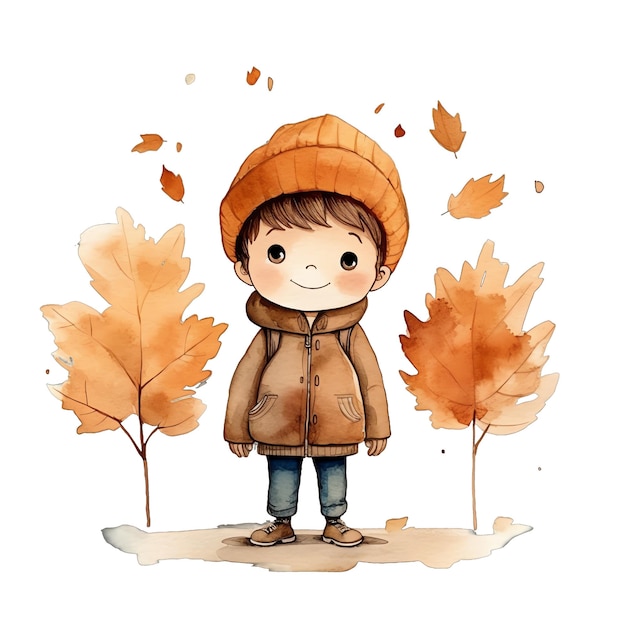 Schattig aquarel herfst herfst kind met hoed en jas illustratie