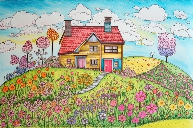 Schattig aquarel huis in het veld met bloemen en bomen Potloodtekening