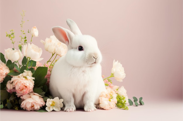 Schattig babykonijntje met bloemen op roze achtergrond Schattig pluizig konijn Animal Easter symbol concept Generative AI
