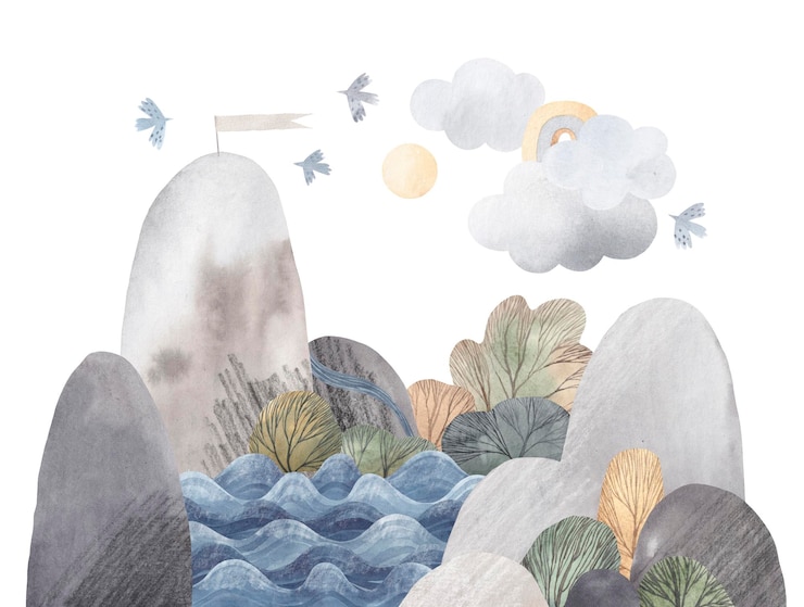 Foto schattig berglandschap heuvels meer en vogelwolken waterverf illustratie waterverf ilustratie