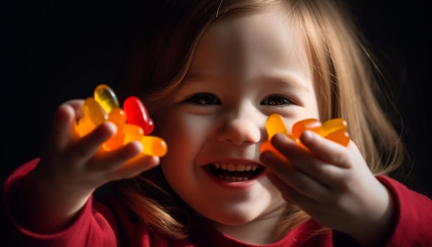 Schattig blank meisje dat fruit vasthoudt en geniet van kinderplezier gegenereerd door AI