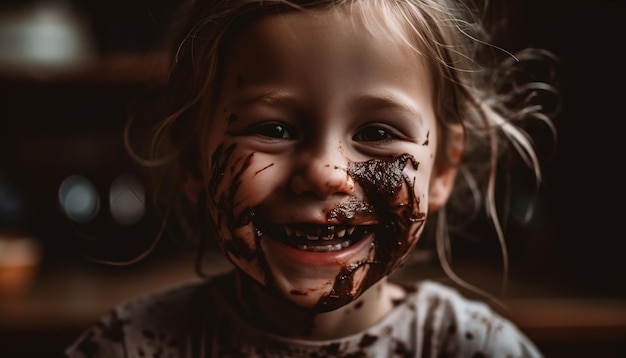 Schattig blank meisje geniet binnenshuis van rommelige chocoladesnack gegenereerd door AI