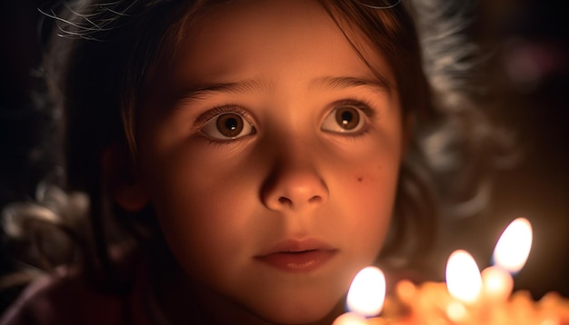 Schattig blank meisje glimlachend bij kaarsvlam gegenereerd door AI