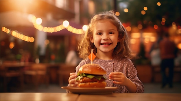Schattig blij meisje 7 jaar oud met een hamburger vervagen cafe achtergrond