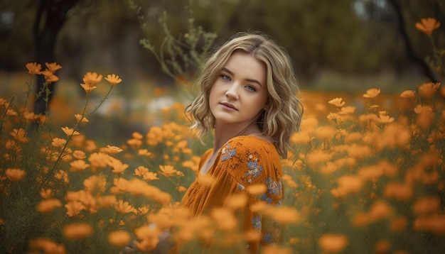 Schattig blond model glimlachend in herfstweide gegenereerd door AI