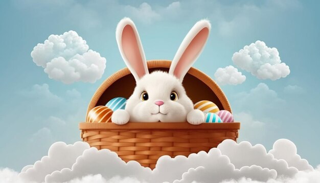 schattig cartoon konijntje zittend in een mand met paaseieren ook een prachtig uitzicht op de lucht