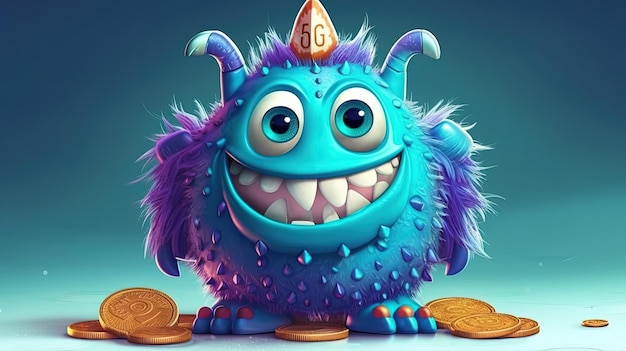 Foto schattig cartoonmonster met gouden munten fantasieconcept illustratie schilderij generatieve ai