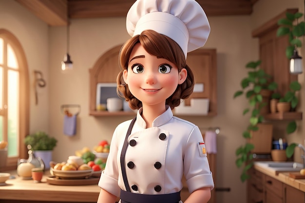 Schattig chef-kok meisje glimlachend in uniform verwelkomen en uitnodigen van zijn gasten cartoon kunst illustratie