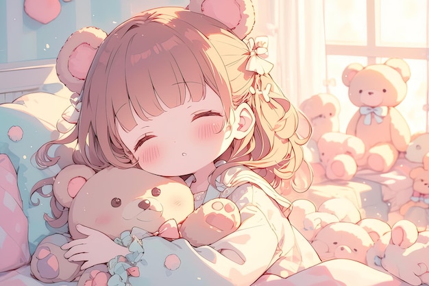 Schattig chibi anime meisje slaapt en knuffelt een speelgoed teddybeer in de kamer