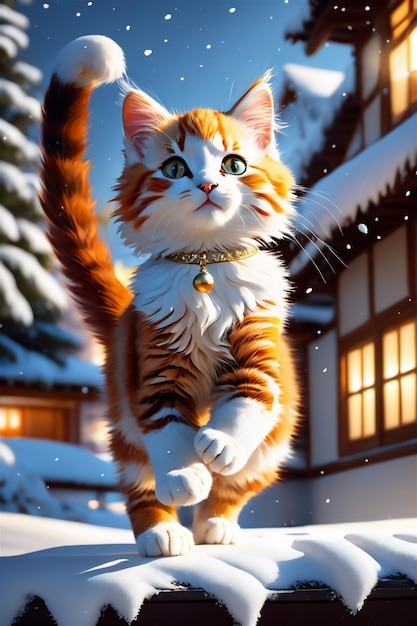 Schattig en dierbaar blij katje, het katje schudt sneeuw van zich af, overal vliegt sneeuw